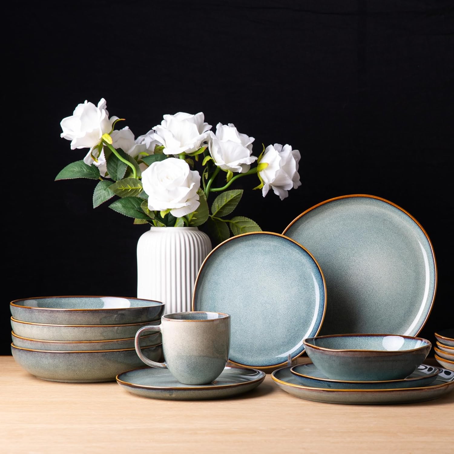 AmorArc Ceramic Cereal Bowls Set of 6, 24 oz Handmade Stoneware Bowls for Cereal Soup Salad Bread, Stylish Kitchen Bowls for Meal, Dishwasher & Microwave Safe, Ocean Blue