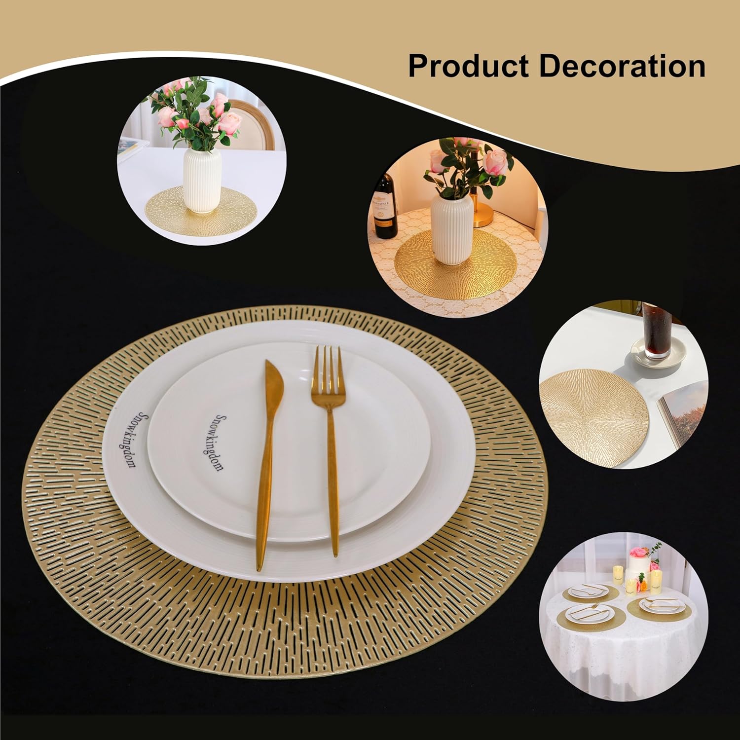 Round Placemats Gold Metallic Set of 6 Vinyl Hollow Placemats 15 Inch, Washable Easy Clean Wipeable Non Slip Stain Heat Resistant Dining Table Place Mats for Wedding Party Decoration by Snowkingdom