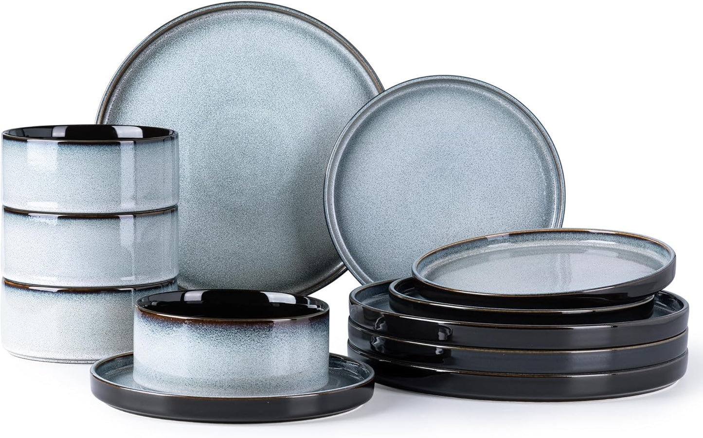 LERATIO Ceramic Dinnerware Sets for 4,Round Reactive Glaze Ceramic Plates and Bowls Set,Highly Chip and Crack Resistant | Dishwasher & Microwave Safe Dishes Set,Service for 4 (12pc)-Gray White