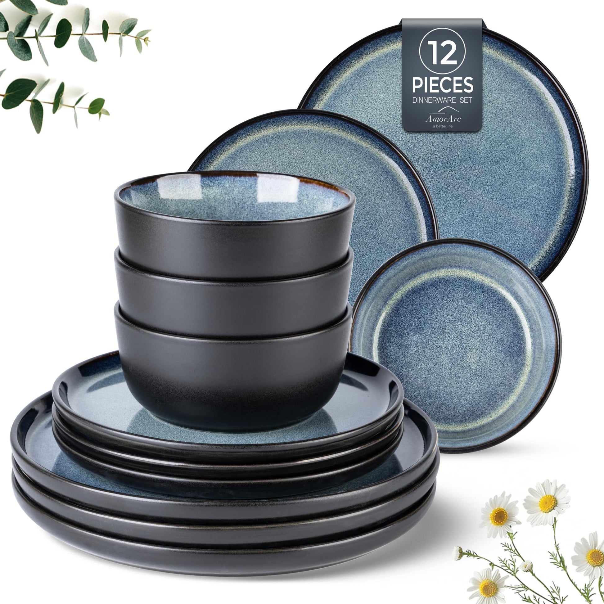 AmorArc Stoneware Dinnerware Sets,Round Reactive Glaze Ceramic Plates and Bowls Set,Highly Chip and Crack Resistant | Dishwasher & Microwave Safe Dishes,Service for 4 (12pc)
