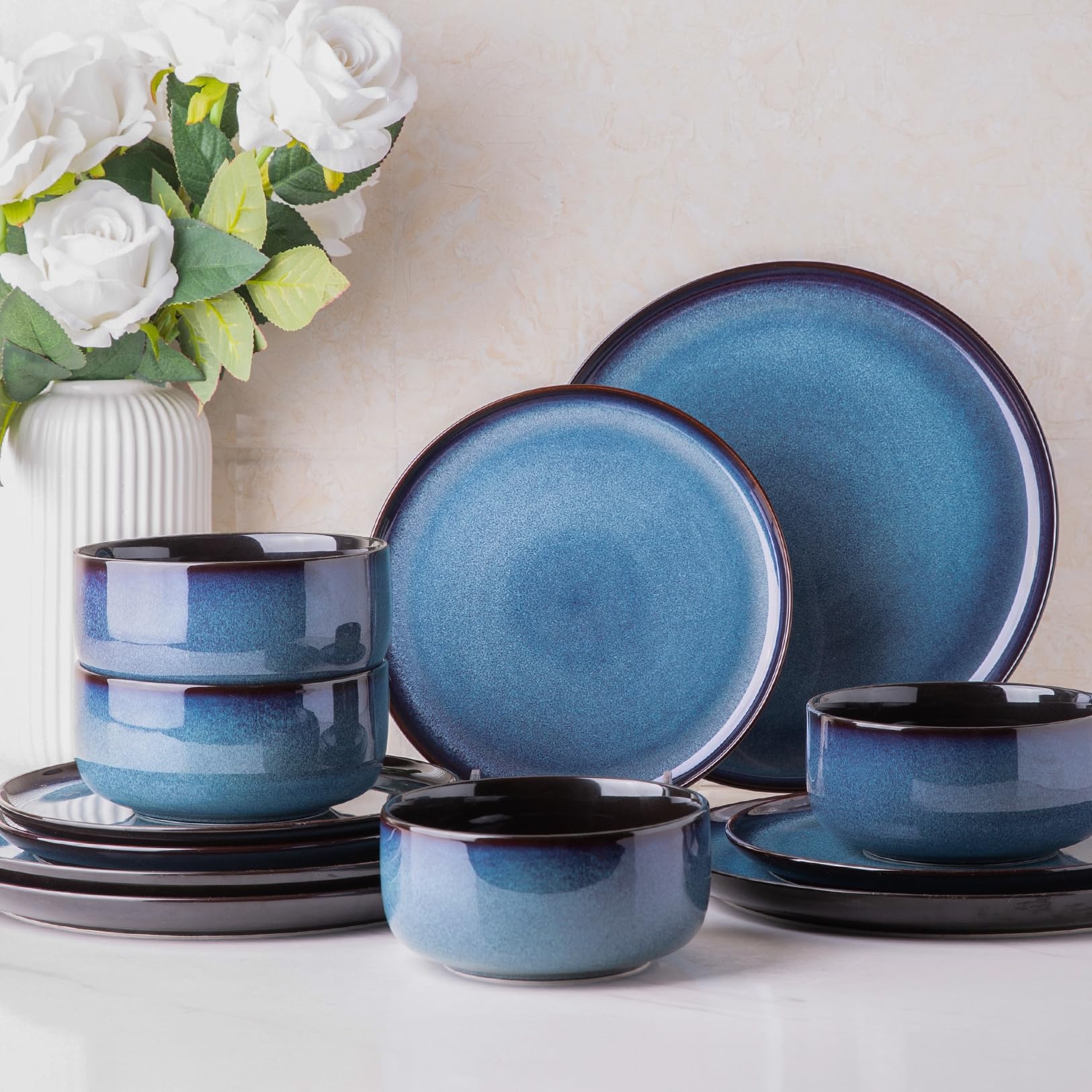 LeRatio Ceramic Dinnerware Sets for 4,12-Piece Plates and Bowls,Handmade Reactive Glaze Dishes Set,Chip Resistant and Scratch Resistant | Oven Dishwasher & Microwave Safe,Service for 4-Kahki