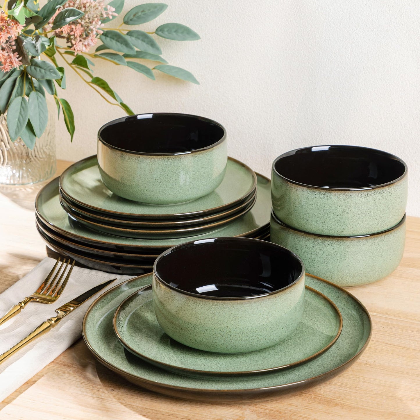 LeRatio Ceramic Dinnerware Sets for 4,12-Piece Plates and Bowls,Handmade Reactive Glaze Dishes Set,Chip Resistant and Scratch Resistant | Oven Dishwasher & Microwave Safe,Service for 4-Kahki