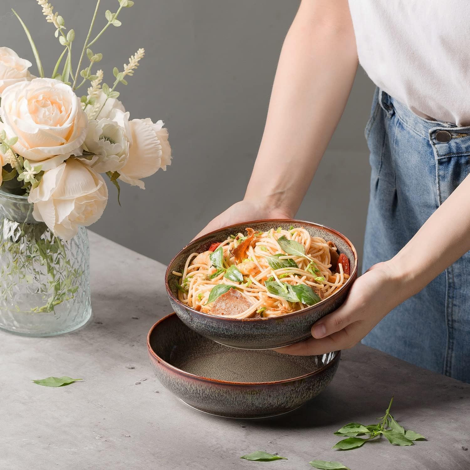 30oz Ceramic bowls set of 4-8" serving bowls for Kitchen,Pasta,Salad-Dishwasher & Microwave Safe Perfect for Housewarming, Thanksgiving, Christmas
