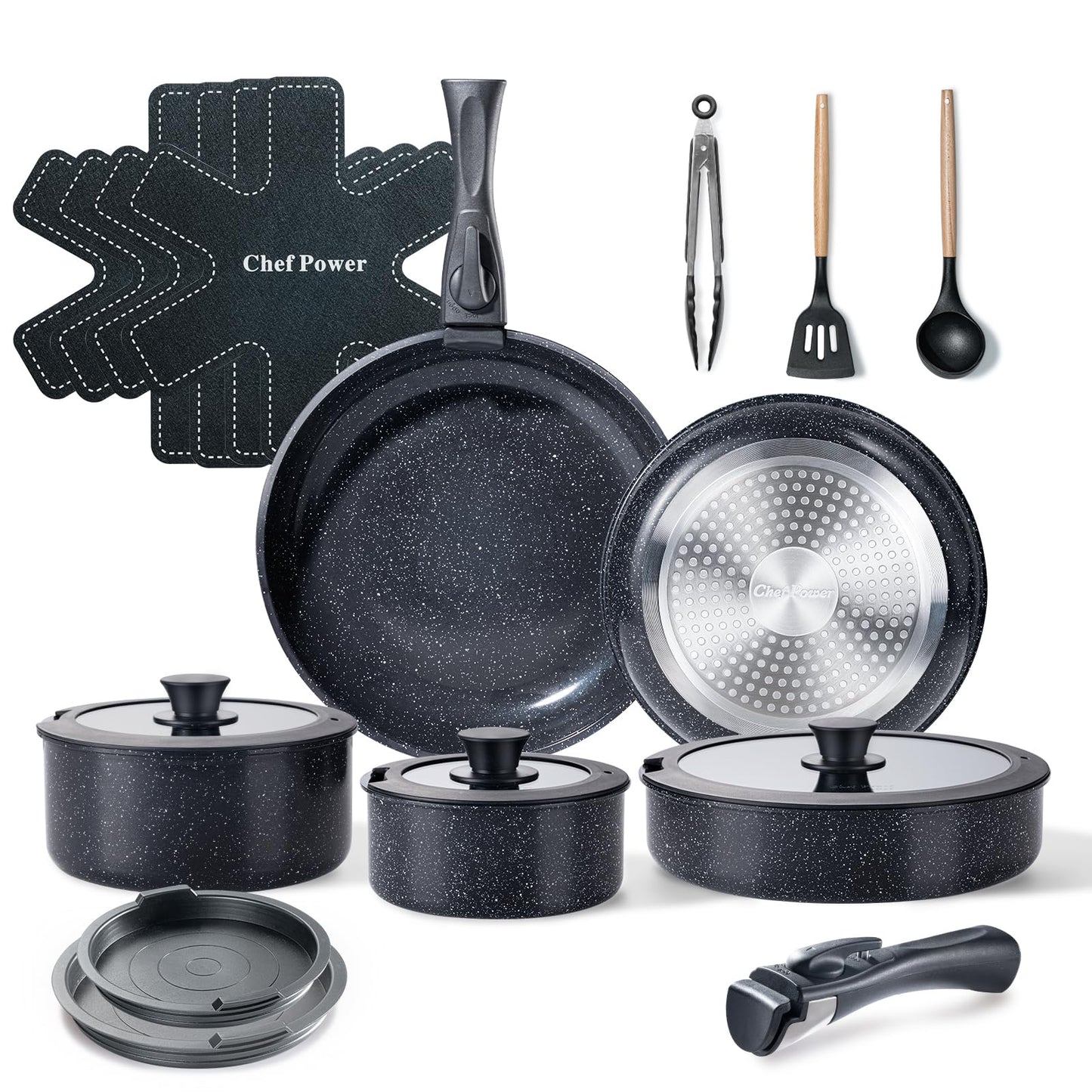 Chef Power Ceramic Cookware Set Non Toxic with Detachable Handles, Healthy Nonstick Pans and Pots Set 19 Pcs, Induction Dishwasher Oven Safe Kitchen Set, PFAS PFOA & PTFE Free, Cream White