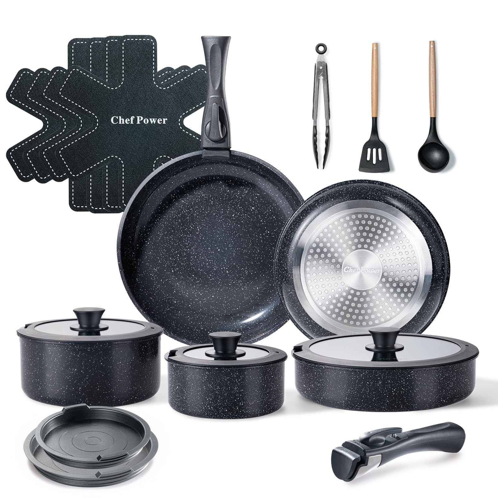 Chef Power Ceramic Cookware Set Non Toxic with Detachable Handles, Healthy Nonstick Pans and Pots Set 19 Pcs, Induction Dishwasher Oven Safe Kitchen Set, PFAS PFOA & PTFE Free, Cream White
