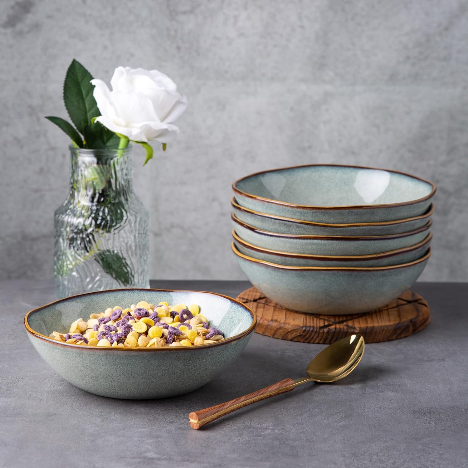 AmorArc Ceramic Cereal Bowls Set of 6, 24 oz Handmade Stoneware Bowls for Cereal Soup Salad Bread, Stylish Kitchen Bowls for Meal, Dishwasher & Microwave Safe, Ocean Blue