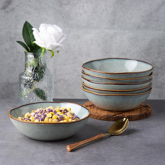 AmorArc Ceramic Cereal Bowls Set of 6, 24 oz Handmade Stoneware Bowls for Cereal Soup Salad Bread, Stylish Kitchen Bowls for Meal, Dishwasher & Microwave Safe, Ocean Blue
