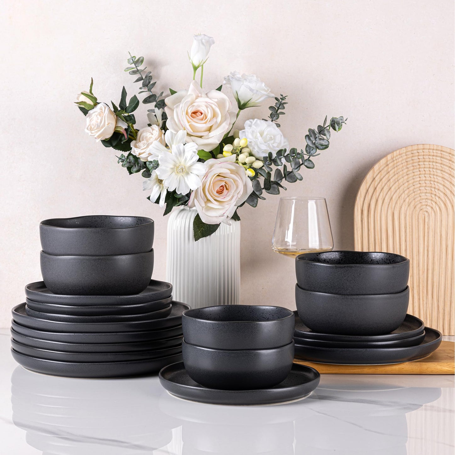 AmorArc Ceramic Dinnerware Sets, Wavy Rim Stoneware Plates and Bowls Sets, Highly Chip and Crack Resistant | Dishwasher & Microwave & Oven Safe Dishes set, Service for 4 (12pc)
