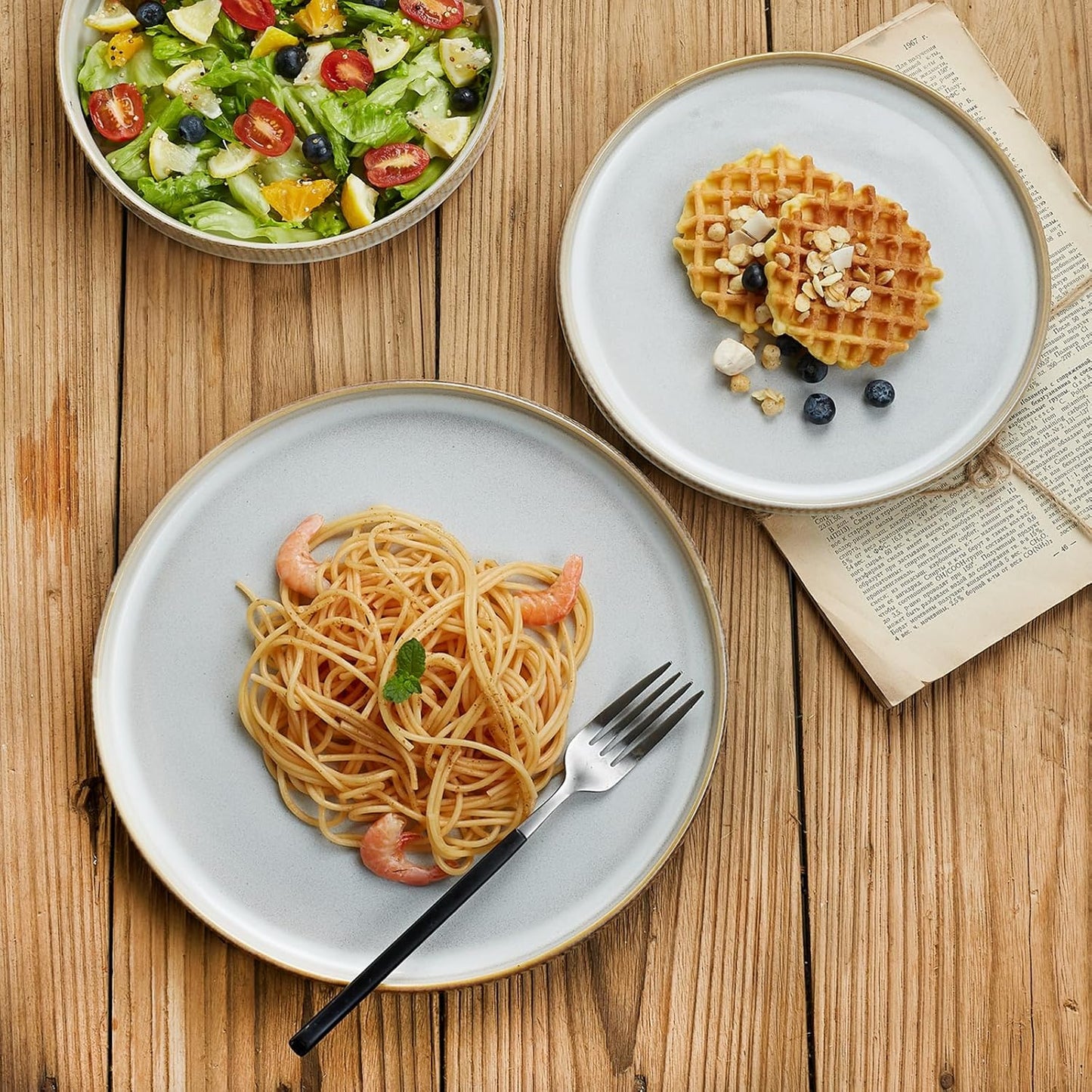 famiware Star Salad Plates for 6, 8 inches Plate Set, Stoneware Dinnerware, Small Dinner Plates for Dessert, Salad, Appetizer, Cappuccino White