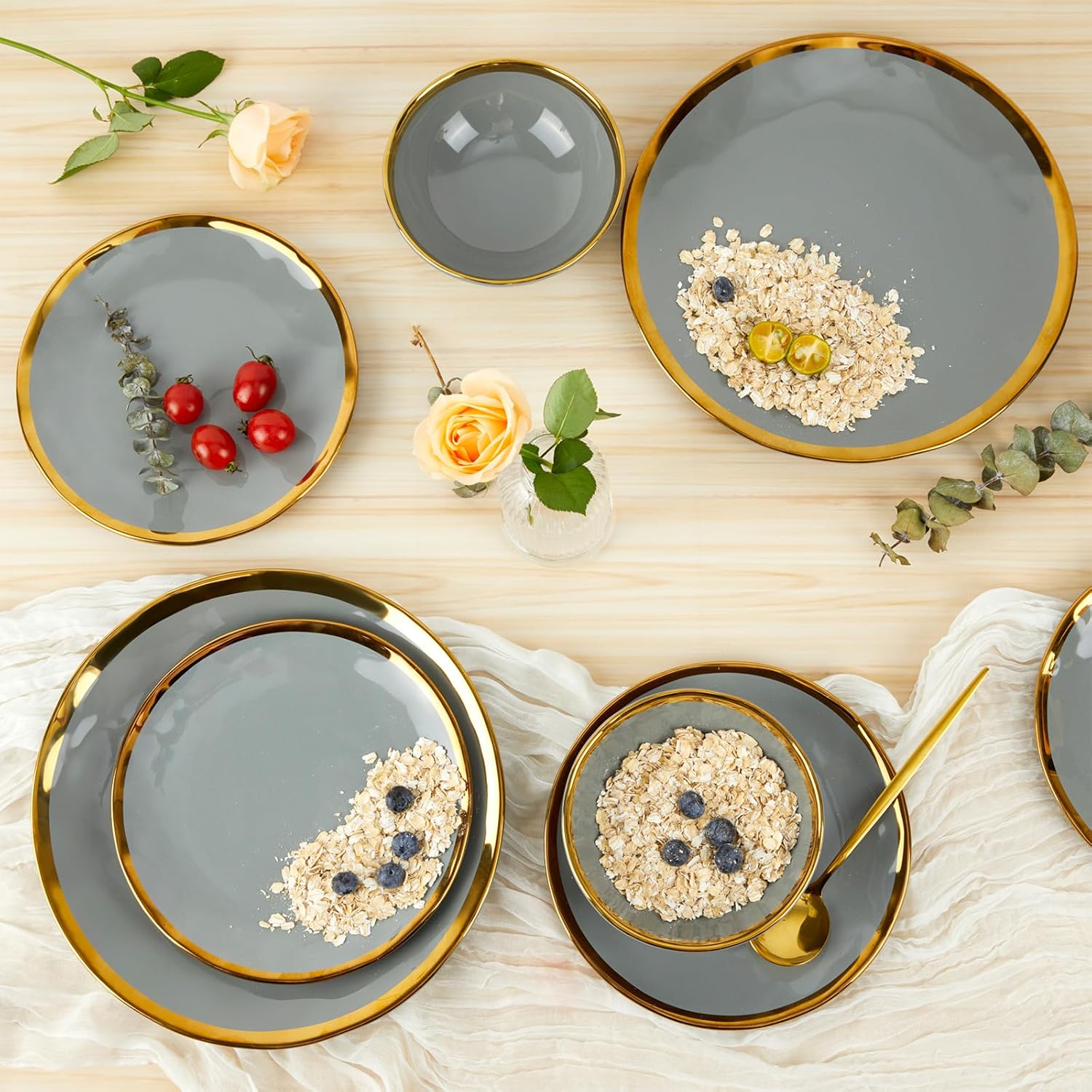 Porcelain Luxury Dinnerware Sets, Modern Plates and Bowls Sets for 4, Highly Chip and Crack Resistant, Grey and Gold Rim China Dishes Set for Wedding Anniversary