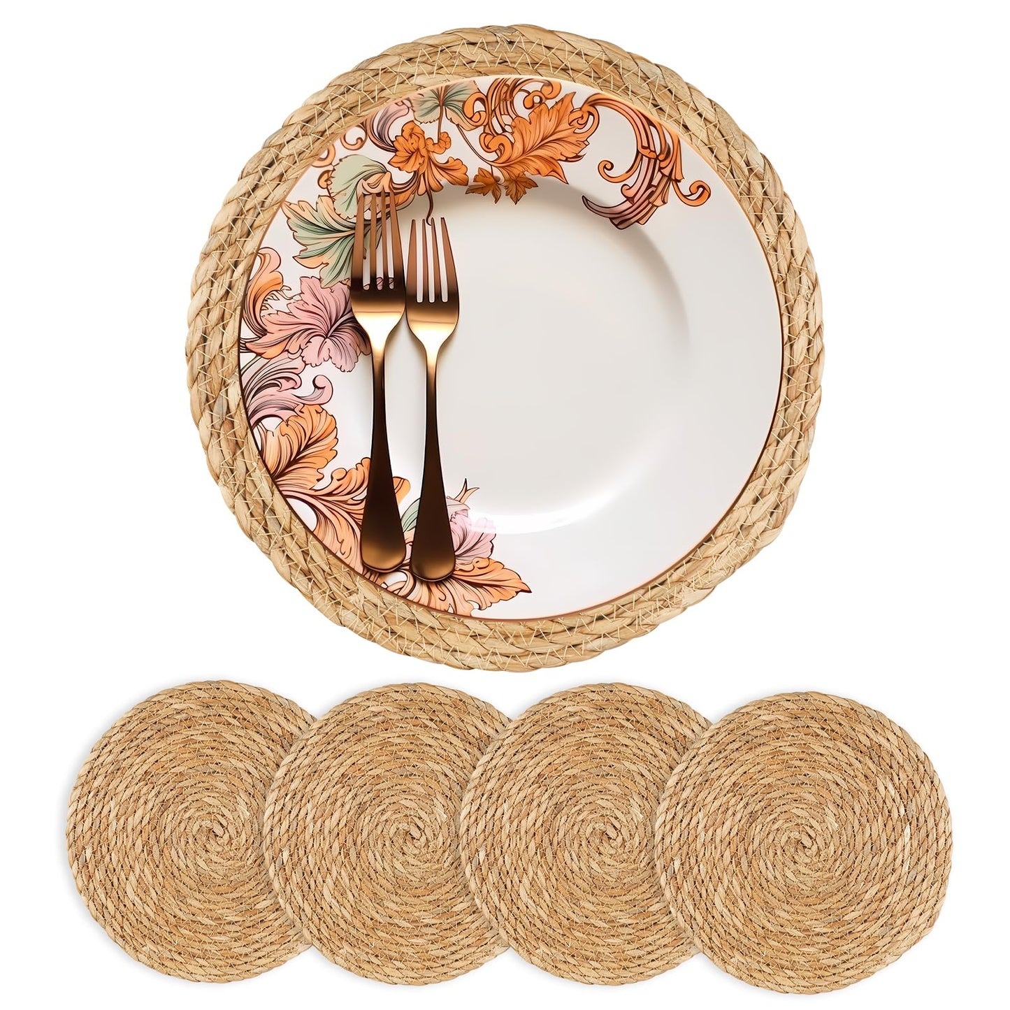 Round Woven Placemats 12 inch Set of 10 - Boho Rattan Placemats Natural Water Hyacinth Placemat, Farmhouse Weave Place Mats, Rustic Braided Wicker Table Mats for Dining Table,Home,Wedding