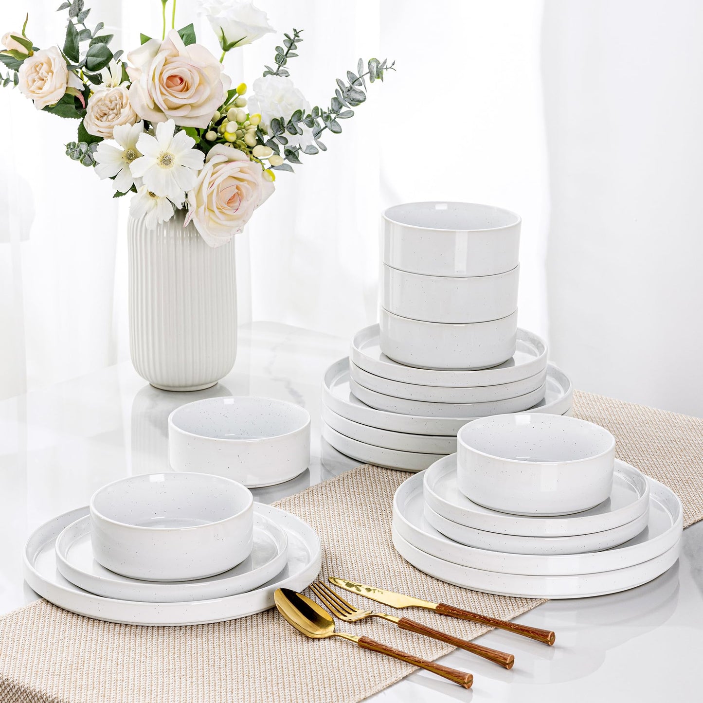 GBHOME Dinnerware Set for 4, 12 Piece Speckled Plates and Bowls Set with Glazed Bottom, Chip & Scratch Resistant Stoneware Plates Sets, Dishwasher & Microwave Safe Dishes (Light Beige, Service for 4)