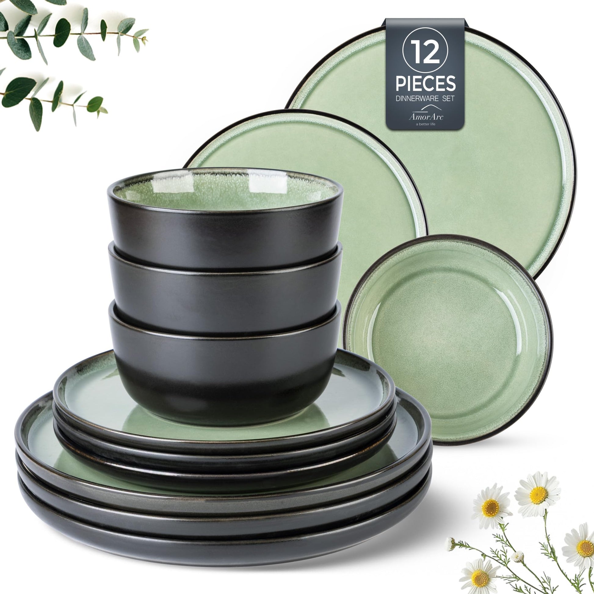 AmorArc Stoneware Dinnerware Sets,Round Reactive Glaze Ceramic Plates and Bowls Set,Highly Chip and Crack Resistant | Dishwasher & Microwave Safe Dishes,Service for 4 (12pc)