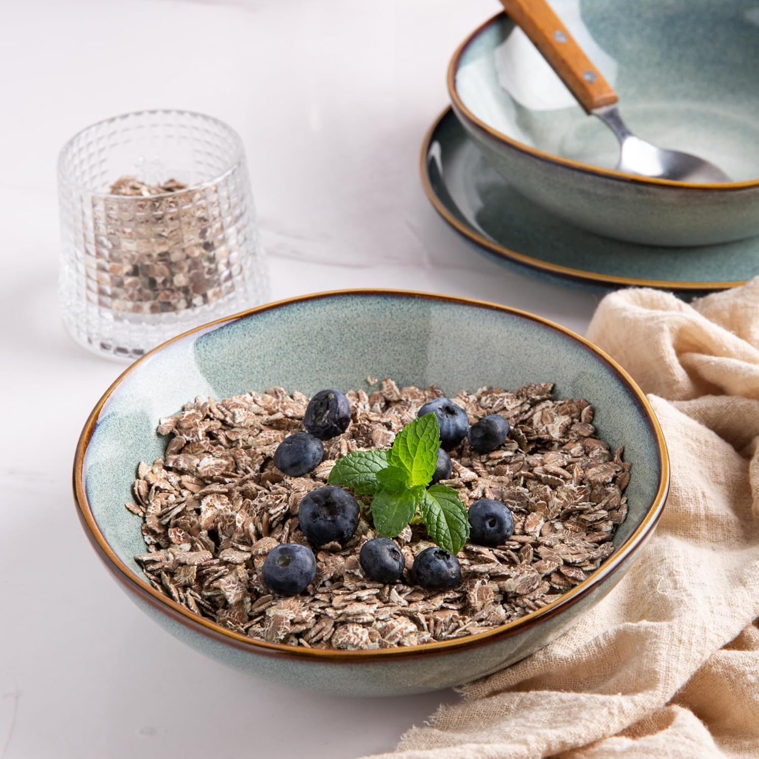 AmorArc Ceramic Cereal Bowls Set of 6, 24 oz Handmade Stoneware Bowls for Cereal Soup Salad Bread, Stylish Kitchen Bowls for Meal, Dishwasher & Microwave Safe, Ocean Blue