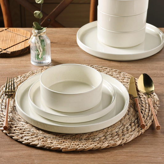 GBHOME Dinnerware Set for 4, 12 Piece Speckled Plates and Bowls Set with Glazed Bottom, Chip & Scratch Resistant Stoneware Plates Sets, Dishwasher & Microwave Safe Dishes (Light Beige, Service for 4)