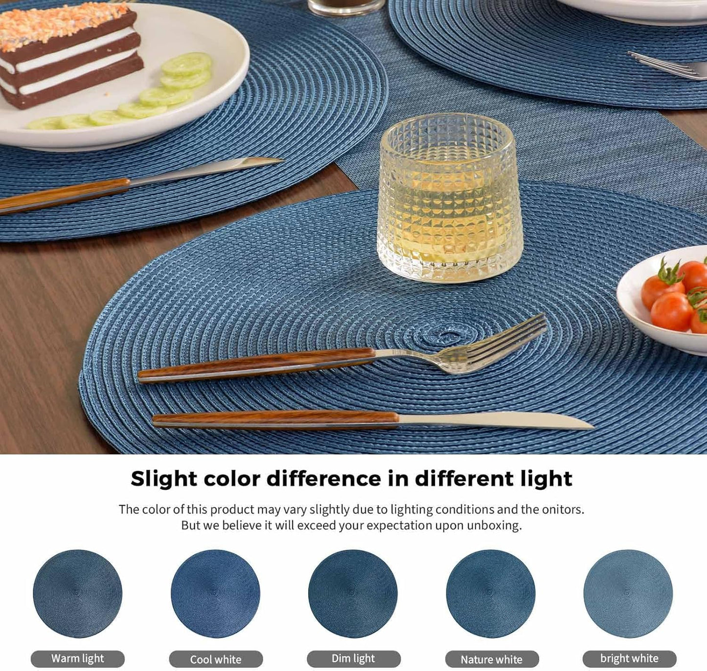 FunWheat Round Braided Placemats Set of 6 Table Mats for Dining Tables Woven Washable Non-Slip Place mats 15 in(Blue, 6pcs)