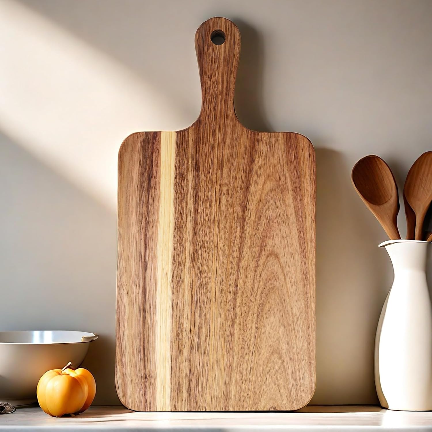 ZeQi Acacia Wood Cutting Board with Handle 13.7''X7'' / Charcuterie Board/Serving Board/Cheese, Bread, Vegetables & Fruits Serving Board (Rectangular)