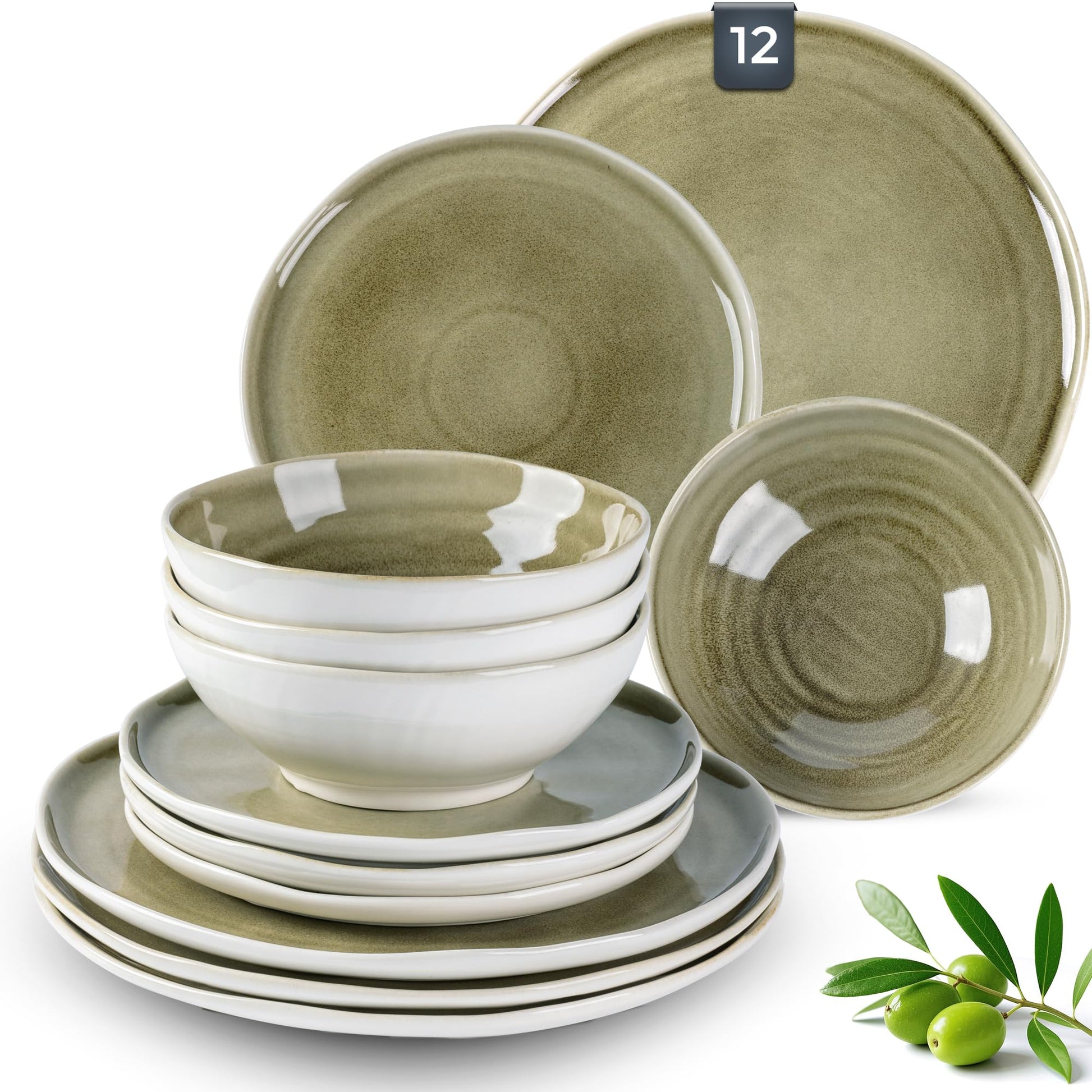 LeRatio Ceramic Dinnerware Sets for 4,12-Piece Plates and Bowls,Handmade Reactive Glaze Dishes Set,Chip Resistant and Scratch Resistant | Oven Dishwasher & Microwave Safe,Service for 4-Kahki