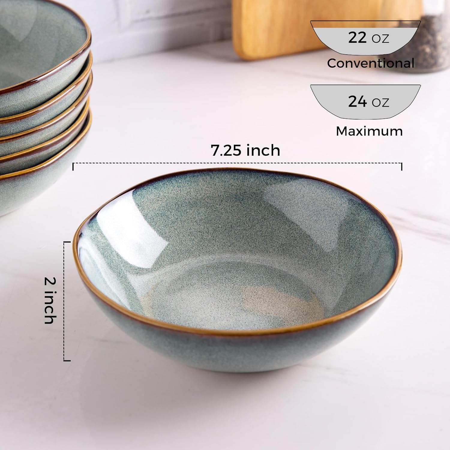 AmorArc Ceramic Cereal Bowls Set of 6, 24 oz Handmade Stoneware Bowls for Cereal Soup Salad Bread, Stylish Kitchen Bowls for Meal, Dishwasher & Microwave Safe, Ocean Blue