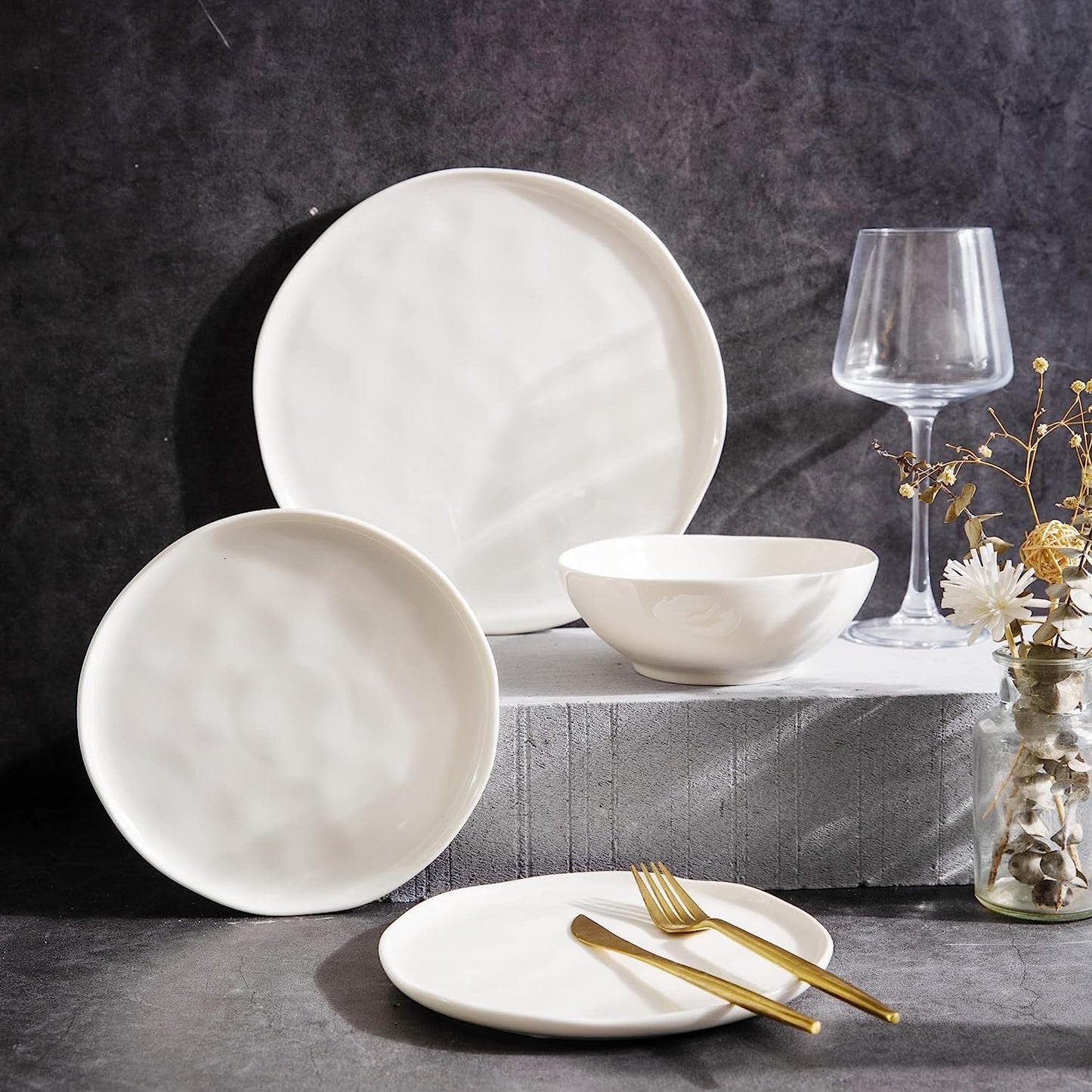 LeRatio Ceramic Dinnerware Sets for 4,12-Piece Plates and Bowls,Handmade Reactive Glaze Dishes Set,Chip Resistant and Scratch Resistant | Oven Dishwasher & Microwave Safe,Service for 4-Kahki