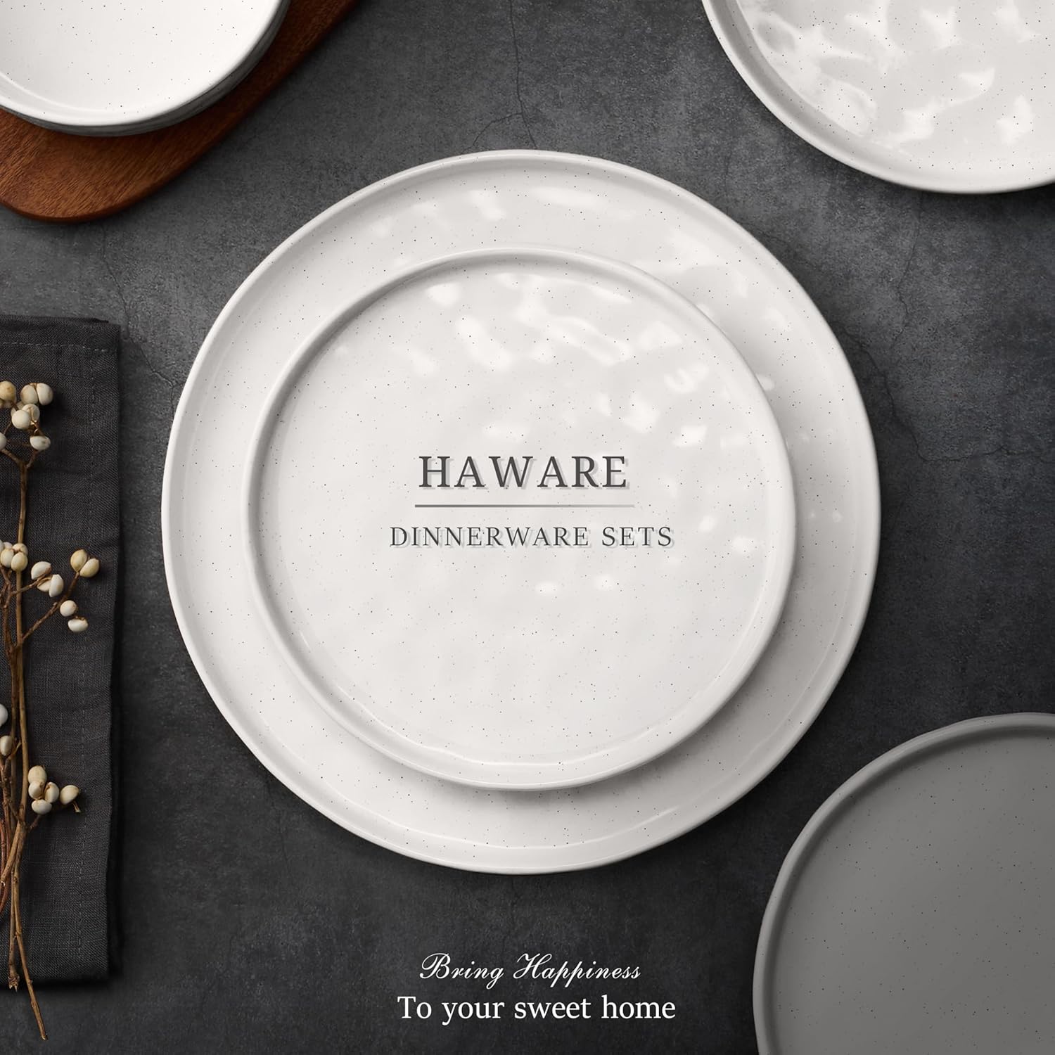 HaWare Dinnerware Sets, 12-Piece Plates and Bowls Set, Stoneware Dish Set for 4, Ceramic Dinnerware for Home Restaurant, Chip and Scratch Resistant, Microwave and Dishwasher Safe, Speckled White