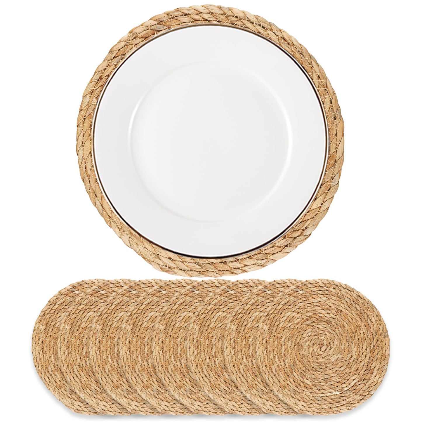 Round Woven Placemats 12 inch Set of 10 - Boho Rattan Placemats Natural Water Hyacinth Placemat, Farmhouse Weave Place Mats, Rustic Braided Wicker Table Mats for Dining Table,Home,Wedding