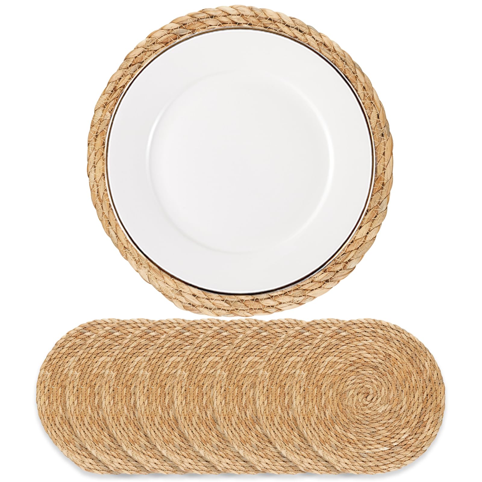 Round Woven Placemats 12 inch Set of 10 - Boho Rattan Placemats Natural Water Hyacinth Placemat, Farmhouse Weave Place Mats, Rustic Braided Wicker Table Mats for Dining Table,Home,Wedding