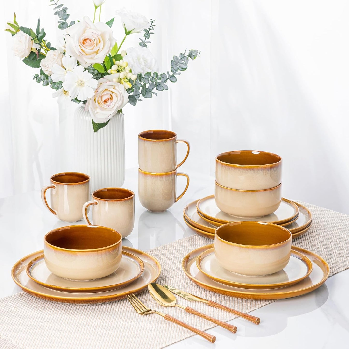 LeRatio Ceramic Dinnerware Sets for 4,12-Piece Plates and Bowls,Handmade Reactive Glaze Dishes Set,Chip Resistant and Scratch Resistant | Oven Dishwasher & Microwave Safe,Service for 4-Kahki