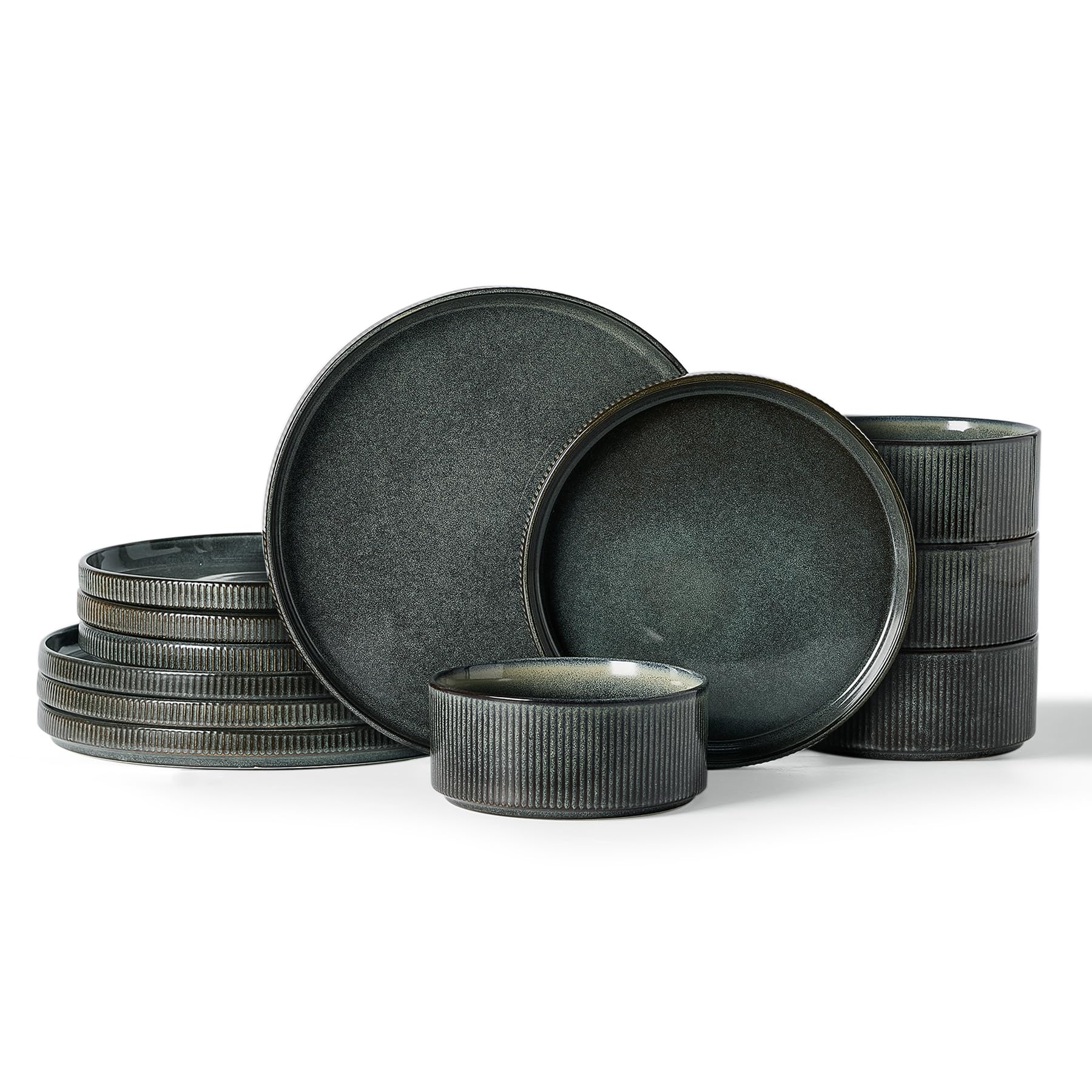Famiware Star Dinnerware Sets, Plates and Bowls Set for 4, 12 Pieces Ribbed Dishes - Chip and Scratch Resistant, Microwave and Dishwasher Safe Tableware, Smoky Blue