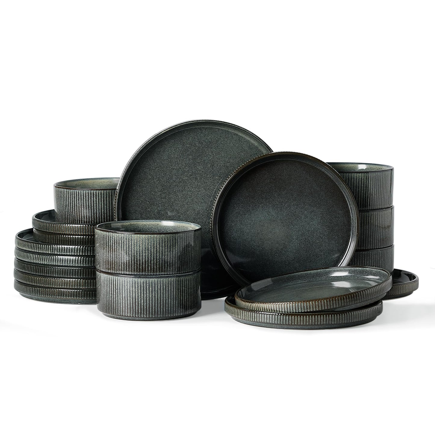 Famiware Star Dinnerware Sets, Plates and Bowls Set for 4, 12 Pieces Ribbed Dishes - Chip and Scratch Resistant, Microwave and Dishwasher Safe Tableware, Smoky Blue