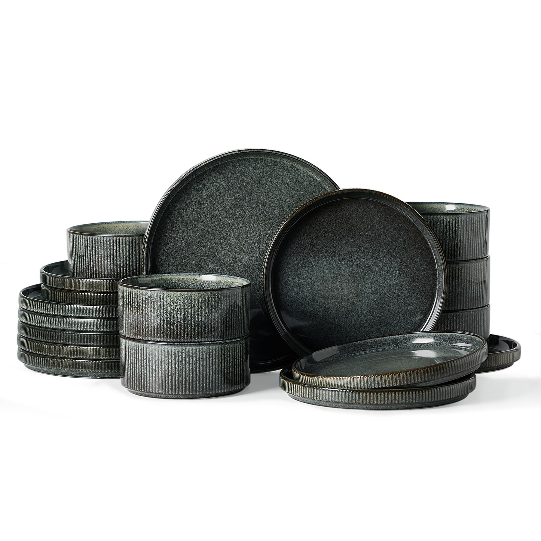Famiware Star Dinnerware Sets, Plates and Bowls Set for 4, 12 Pieces Ribbed Dishes - Chip and Scratch Resistant, Microwave and Dishwasher Safe Tableware, Smoky Blue