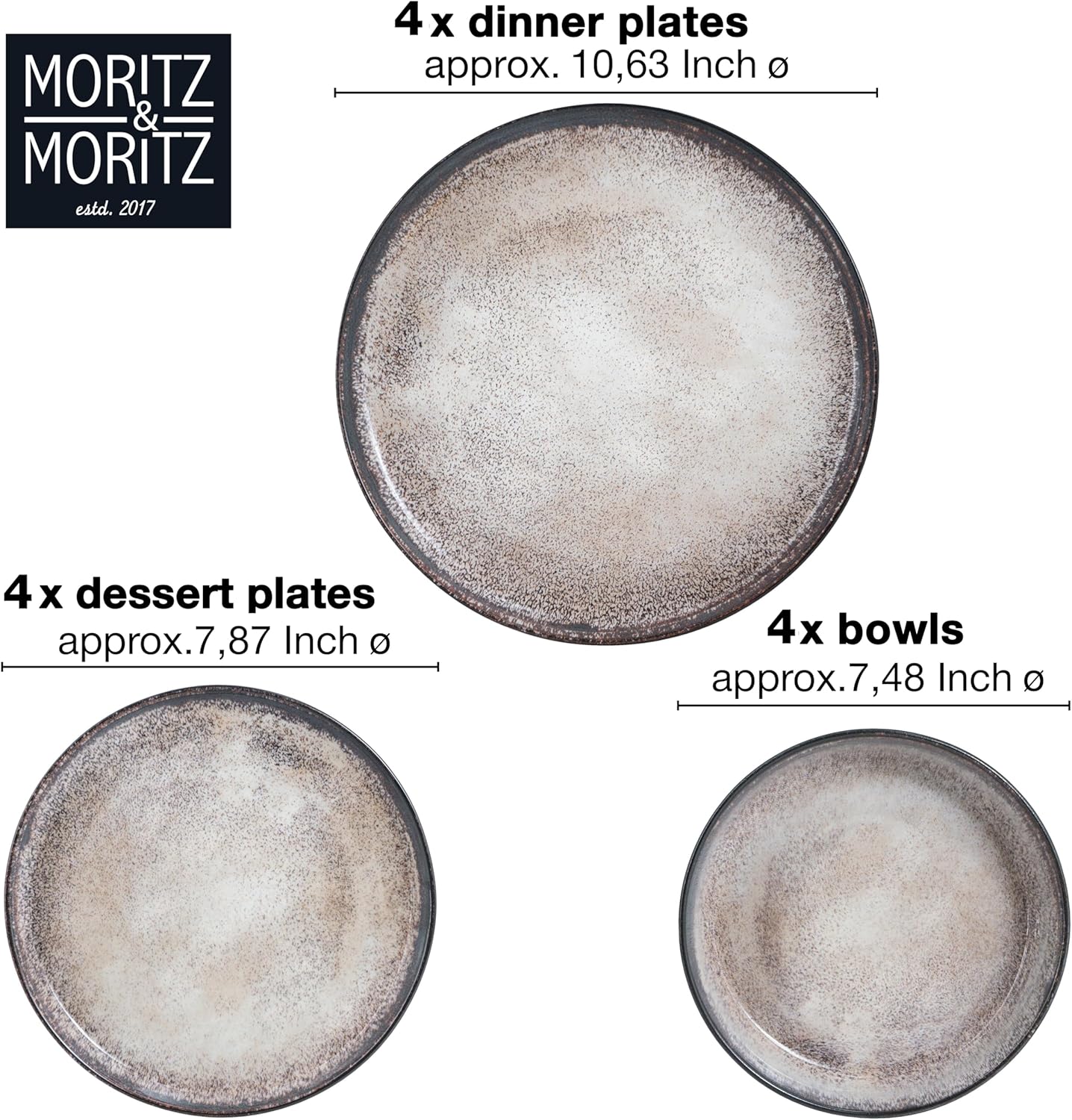 VIDA 12-Piece Porcelain Dinnerware Plate Set for 4 | Includes 4 Dinner Plates, 4 Dessert Plates, 4 Bowls | Modern Beige Ceramic Tableware, Stoneware Look, Microwave & Dishwasher Safe Dishes