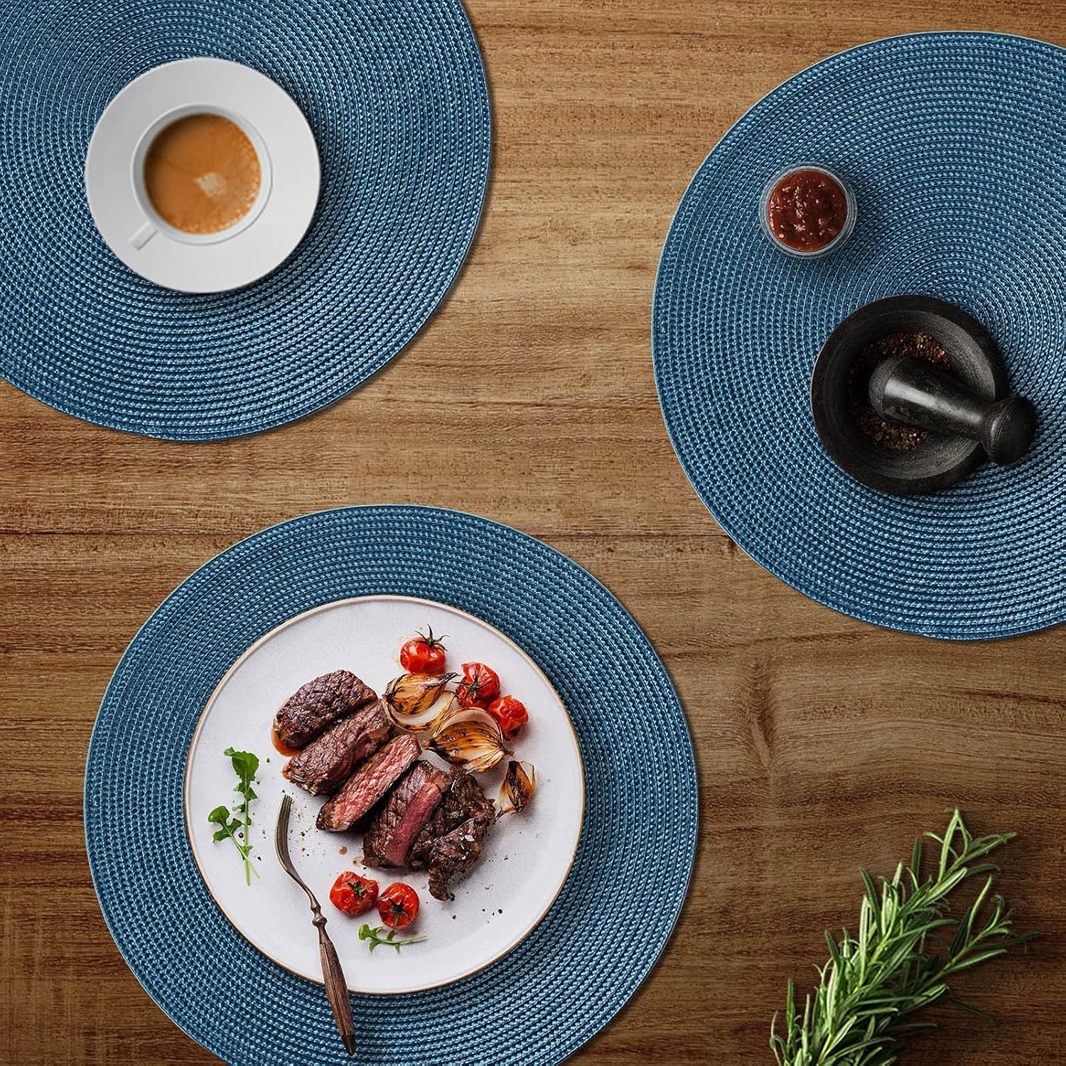 FunWheat Round Braided Placemats Set of 6 Table Mats for Dining Tables Woven Washable Non-Slip Place mats 15 in(Blue, 6pcs)