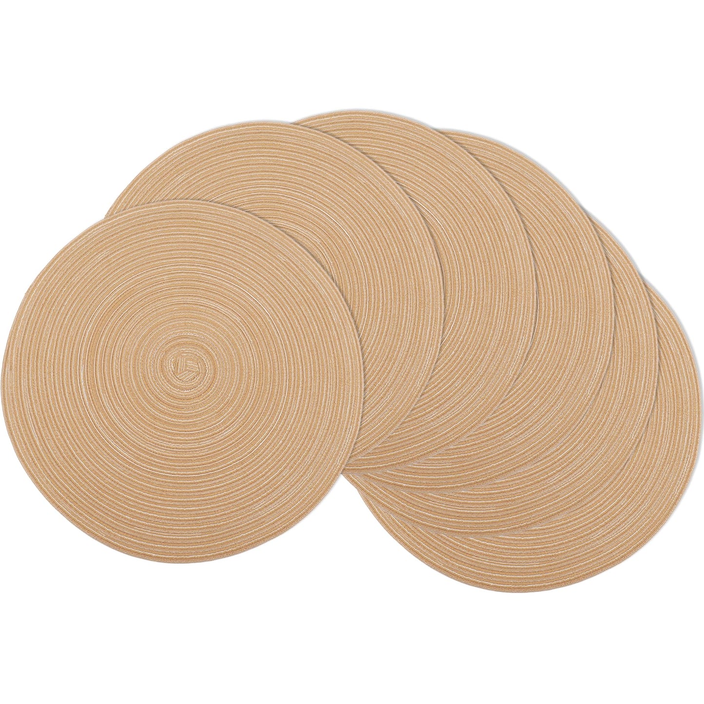 Braided Round Placemats Set of 6, Woven Washable Non-Slip Table Mats for Kitchen Dining, 15 Inch, Heat Resistant - Natural Fabric Indoor Outdoor Place Mats(Beige)