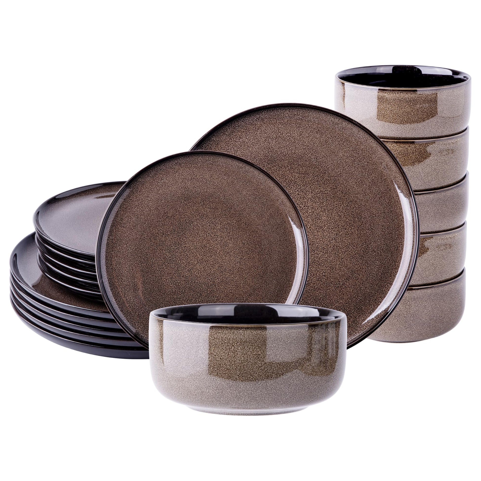 LeRatio Ceramic Dinnerware Sets for 4,12-Piece Plates and Bowls,Handmade Reactive Glaze Dishes Set,Chip Resistant and Scratch Resistant | Oven Dishwasher & Microwave Safe,Service for 4-Kahki