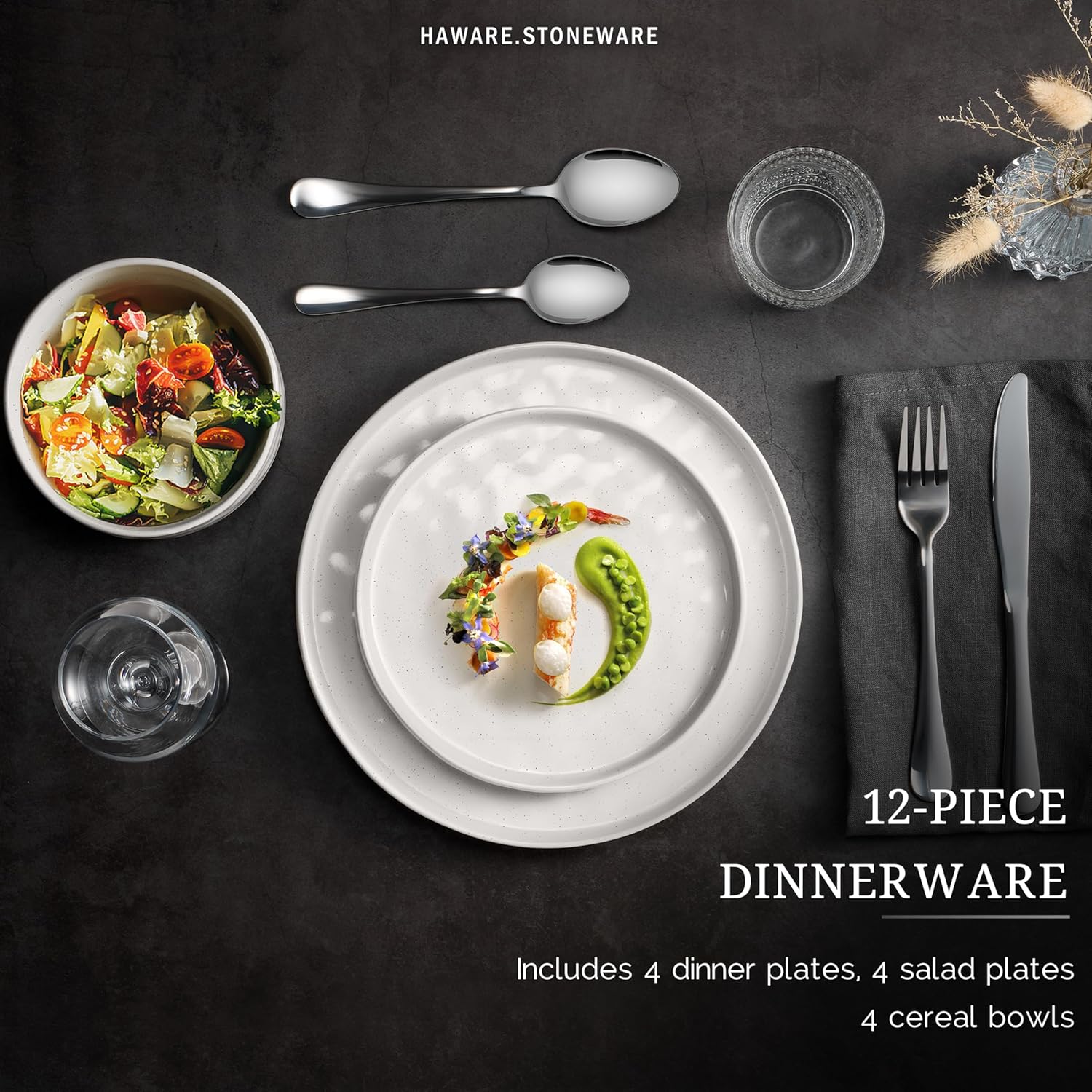 HaWare Dinnerware Sets, 12-Piece Plates and Bowls Set, Stoneware Dish Set for 4, Ceramic Dinnerware for Home Restaurant, Chip and Scratch Resistant, Microwave and Dishwasher Safe, Speckled White