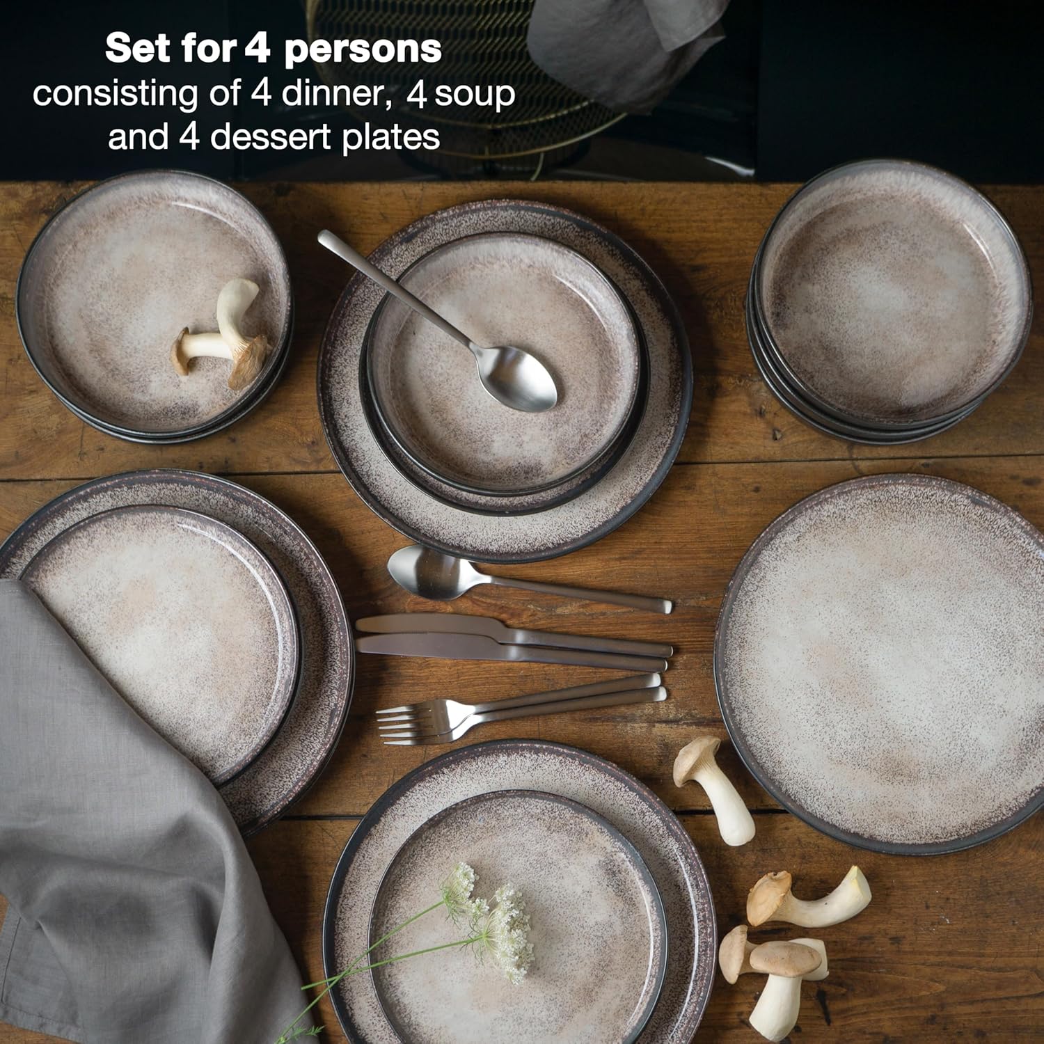 VIDA 12-Piece Porcelain Dinnerware Plate Set for 4 | Includes 4 Dinner Plates, 4 Dessert Plates, 4 Bowls | Modern Beige Ceramic Tableware, Stoneware Look, Microwave & Dishwasher Safe Dishes
