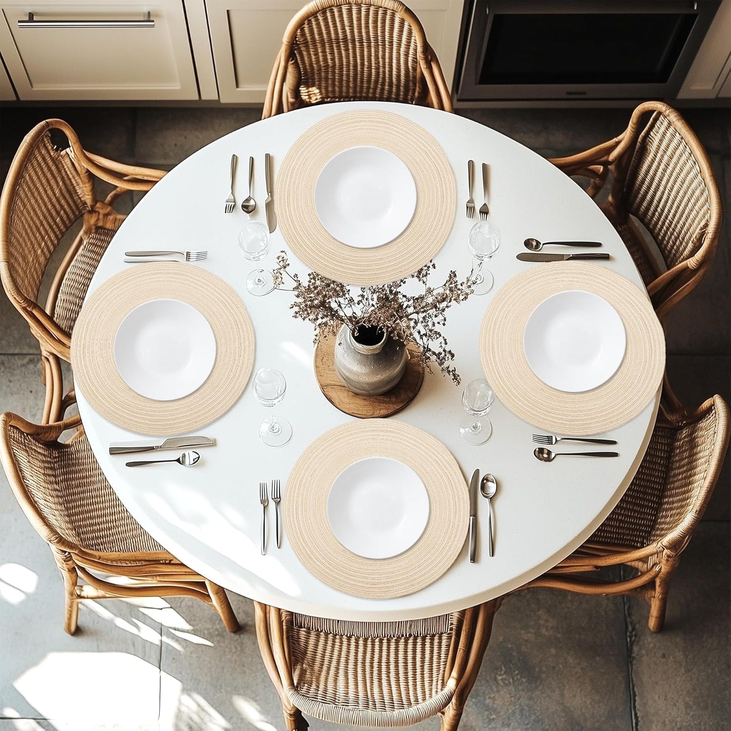 Braided Round Placemats Set of 6, Woven Washable Non-Slip Table Mats for Kitchen Dining, 15 Inch, Heat Resistant - Natural Fabric Indoor Outdoor Place Mats(Beige)