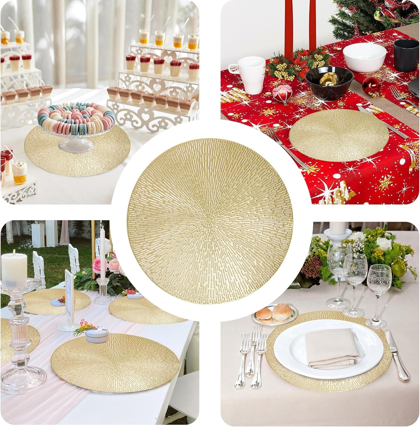 Round Placemats Gold Metallic Set of 6 Vinyl Hollow Placemats 15 Inch, Washable Easy Clean Wipeable Non Slip Stain Heat Resistant Dining Table Place Mats for Wedding Party Decoration by Snowkingdom