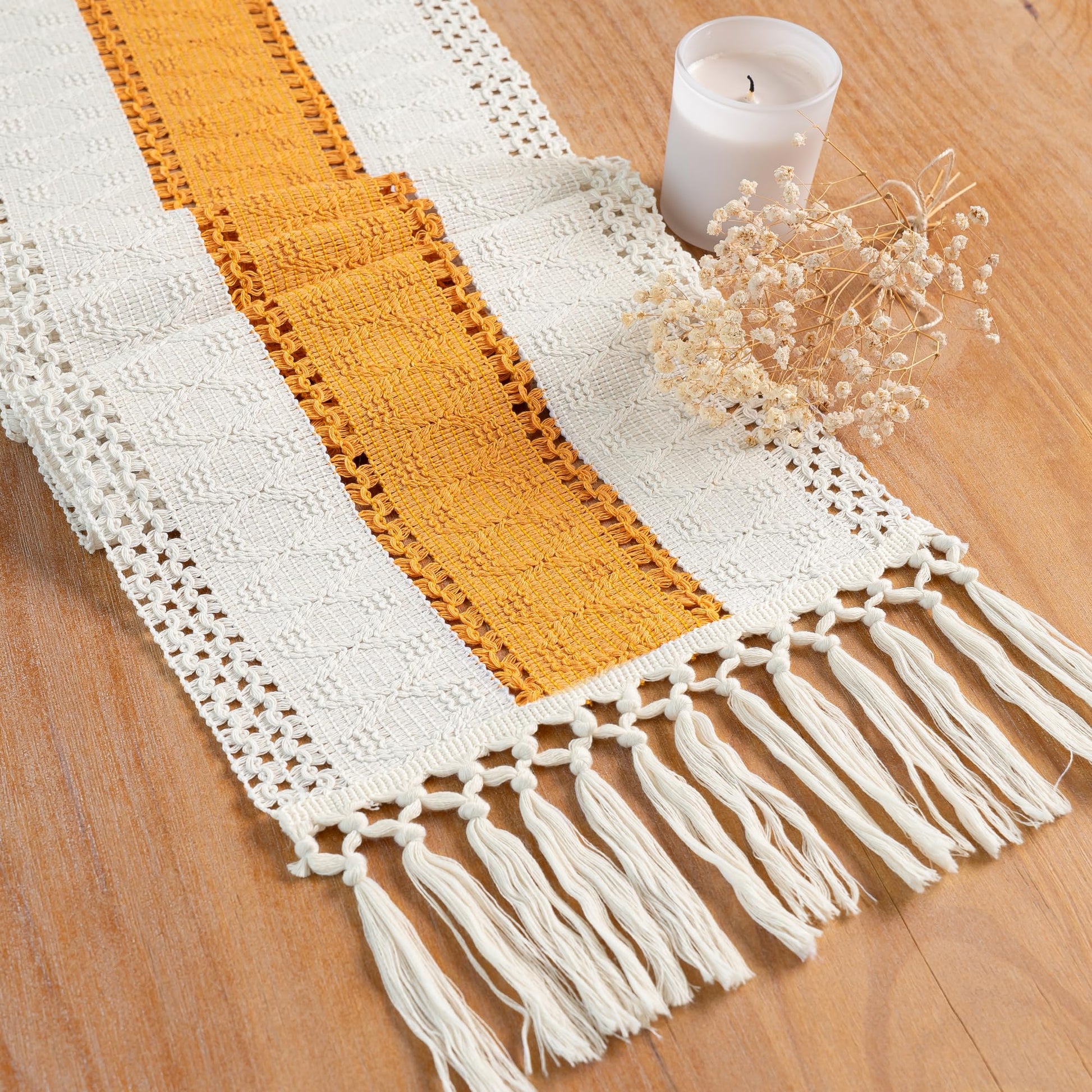 FEXIA Boho Table Runner for Fall Home Decor with Tassels 72 Inches Long Farmhouse Rustic Table Runner Macrame Burlap Table Decoration for Living Room Bridal Shower(12x72 Inches)