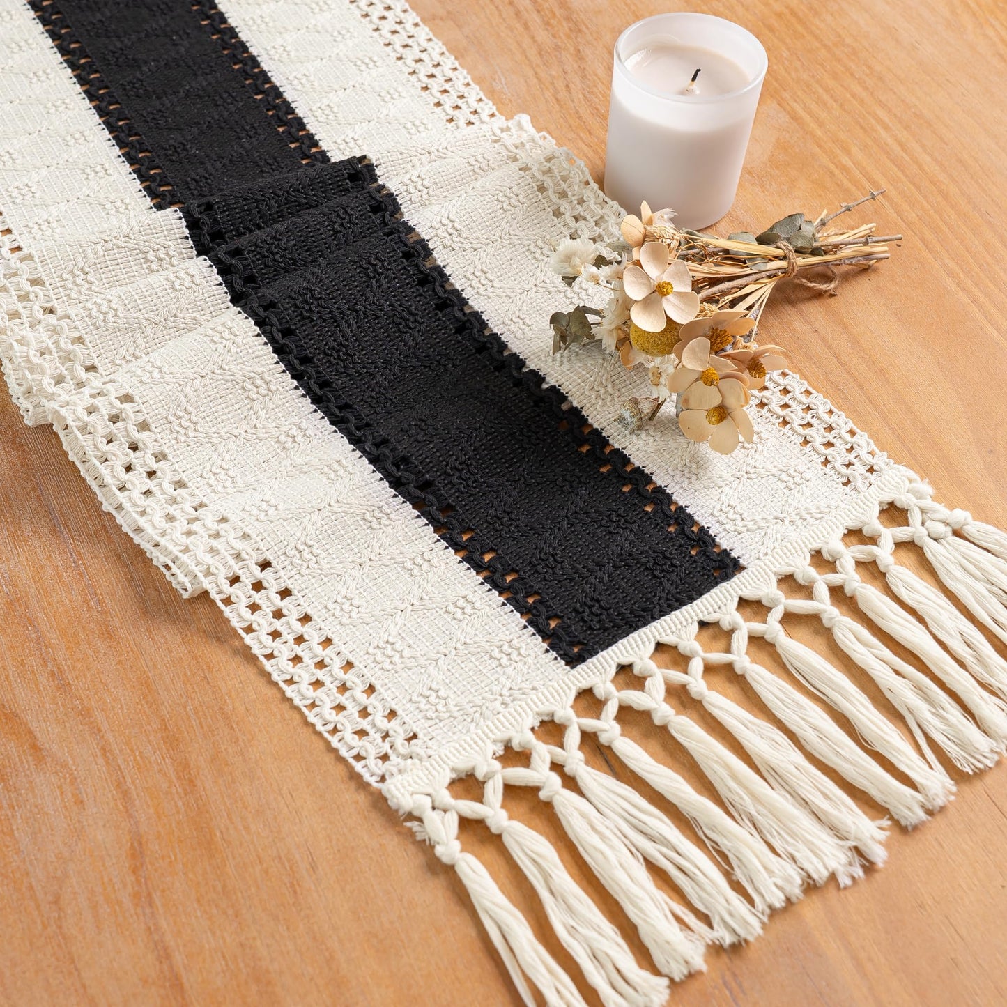 FEXIA Boho Table Runner for Fall Home Decor with Tassels 72 Inches Long Farmhouse Rustic Table Runner Macrame Burlap Table Decoration for Living Room Bridal Shower(12x72 Inches)