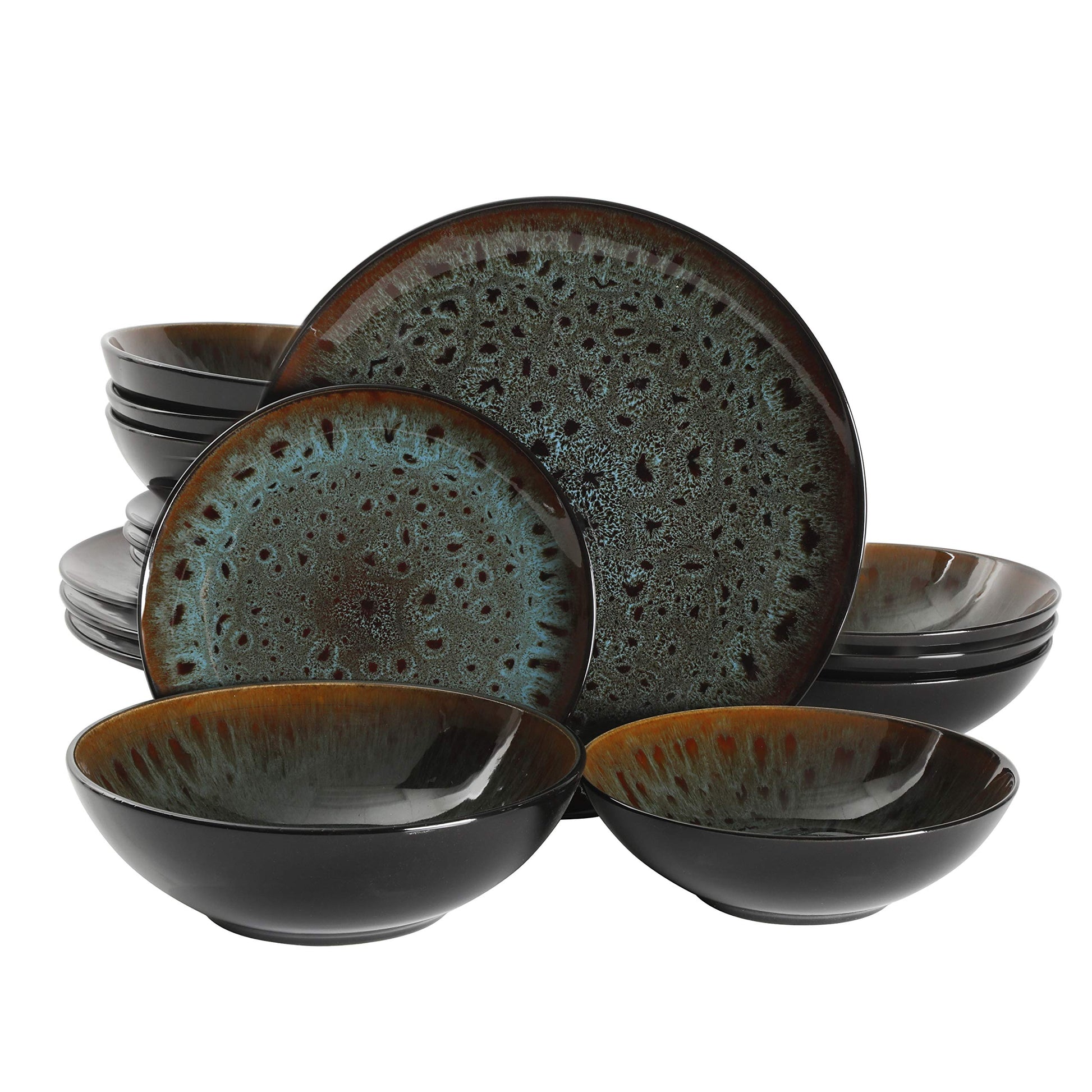Gibson Elite Kings Road Double Plates and Bowl Organic Round Porcelain Dinnerware Set - Matte Black w/Gold Rim