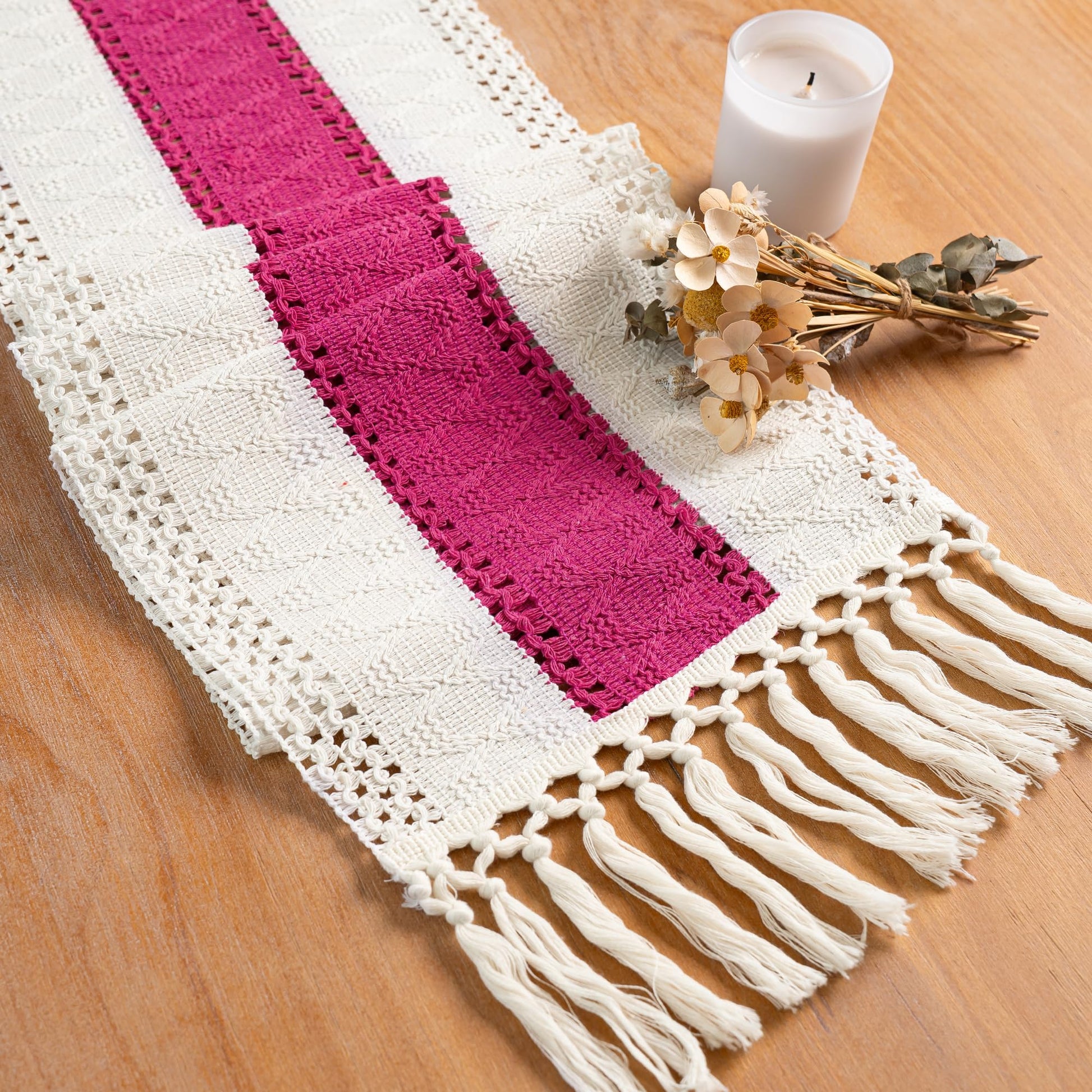 FEXIA Boho Table Runner for Fall Home Decor with Tassels 72 Inches Long Farmhouse Rustic Table Runner Macrame Burlap Table Decoration for Living Room Bridal Shower(12x72 Inches)