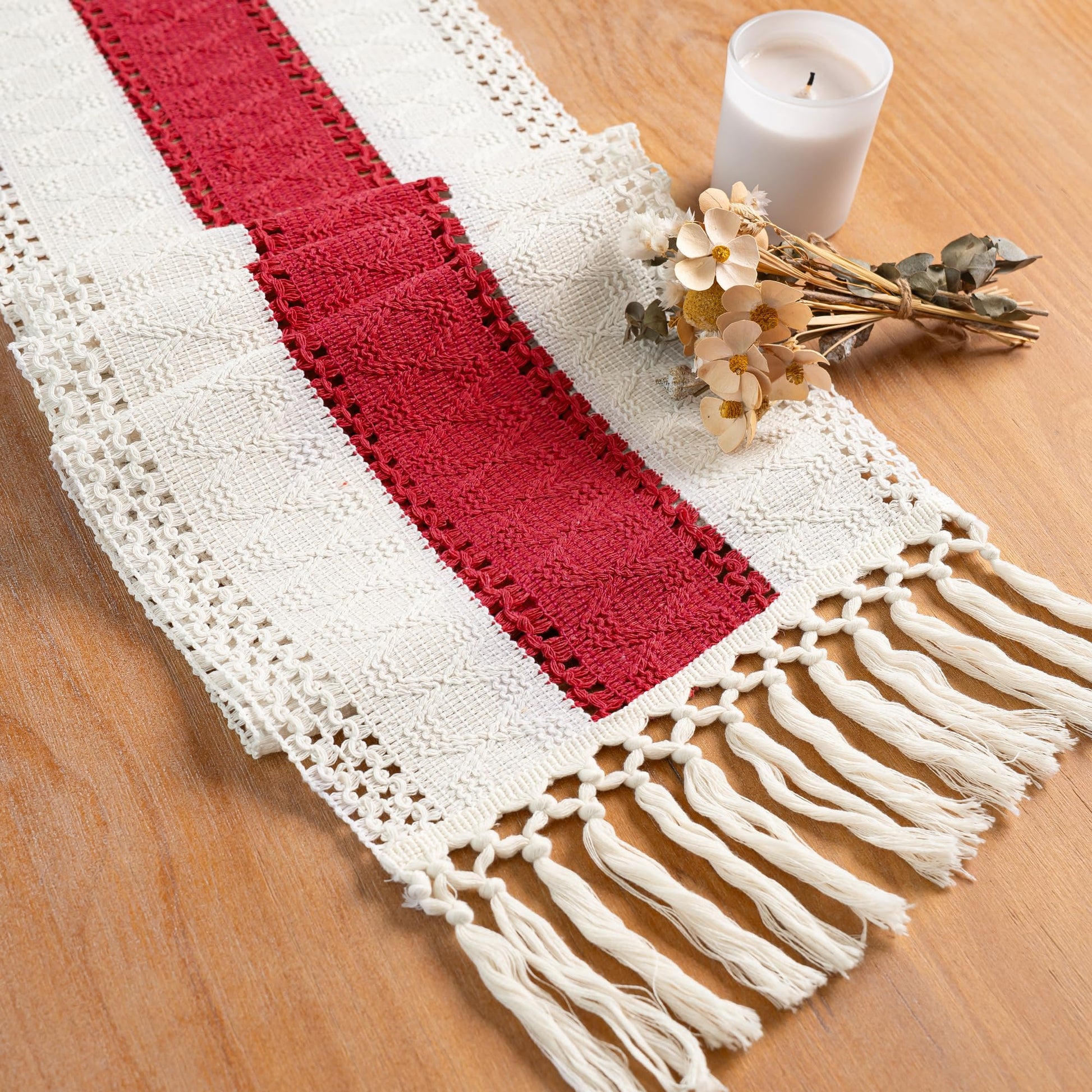 FEXIA Boho Table Runner for Fall Home Decor with Tassels 72 Inches Long Farmhouse Rustic Table Runner Macrame Burlap Table Decoration for Living Room Bridal Shower(12x72 Inches)