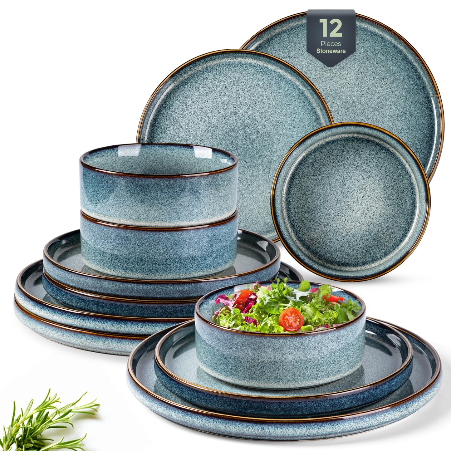 GBHOME Ceramic Dinnerware Sets for 4, 12 Pieces Stoneware Plates and Bowls Sets, Reactive Glaze Dishes -Scratch Resistant, Dishwasher&Microwave Safe