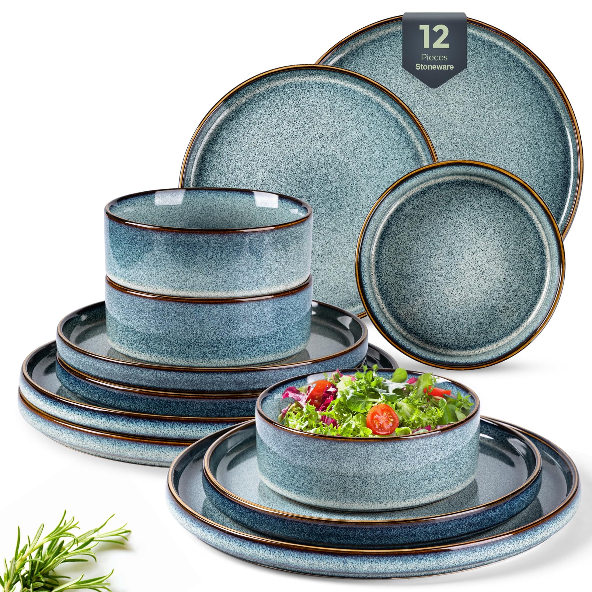GBHOME Ceramic Dinnerware Sets for 4, 12 Pieces Stoneware Plates and Bowls Sets, Reactive Glaze Dishes -Scratch Resistant, Dishwasher&Microwave Safe