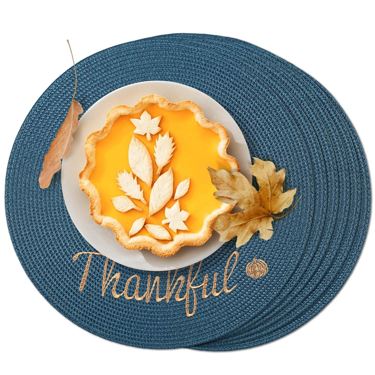 FunWheat Round Braided Placemats Set of 6 Table Mats for Dining Tables Woven Washable Non-Slip Place mats 15 in(Blue, 6pcs)