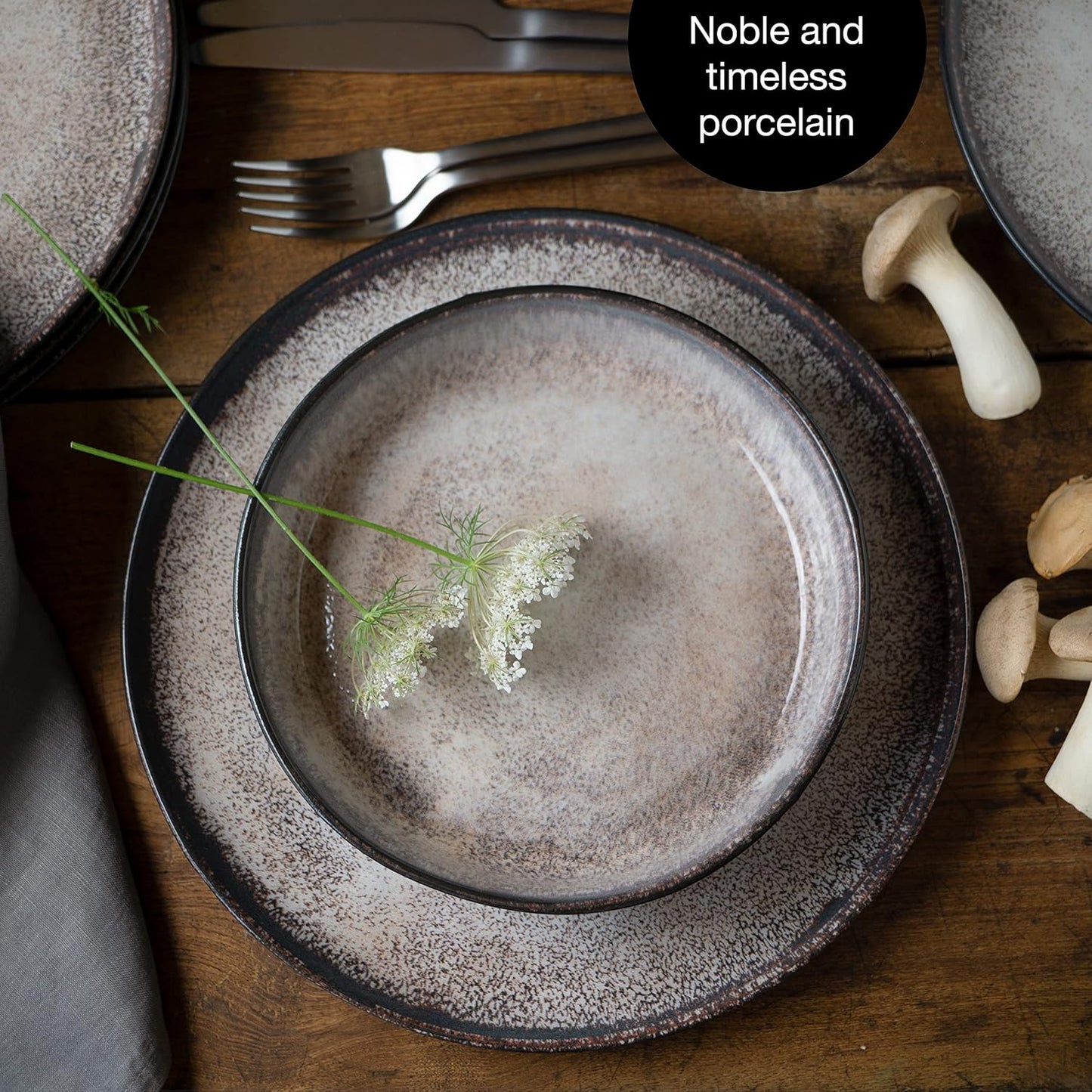 VIDA 12-Piece Porcelain Dinnerware Plate Set for 4 | Includes 4 Dinner Plates, 4 Dessert Plates, 4 Bowls | Modern Beige Ceramic Tableware, Stoneware Look, Microwave & Dishwasher Safe Dishes