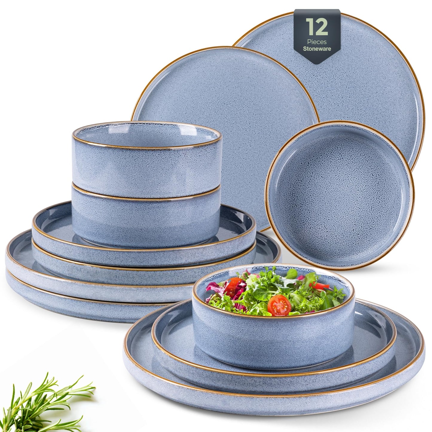 GBHOME Ceramic Dinnerware Sets for 4, 12 Pieces Stoneware Plates and Bowls Sets, Reactive Glaze Dishes -Scratch Resistant, Dishwasher&Microwave Safe