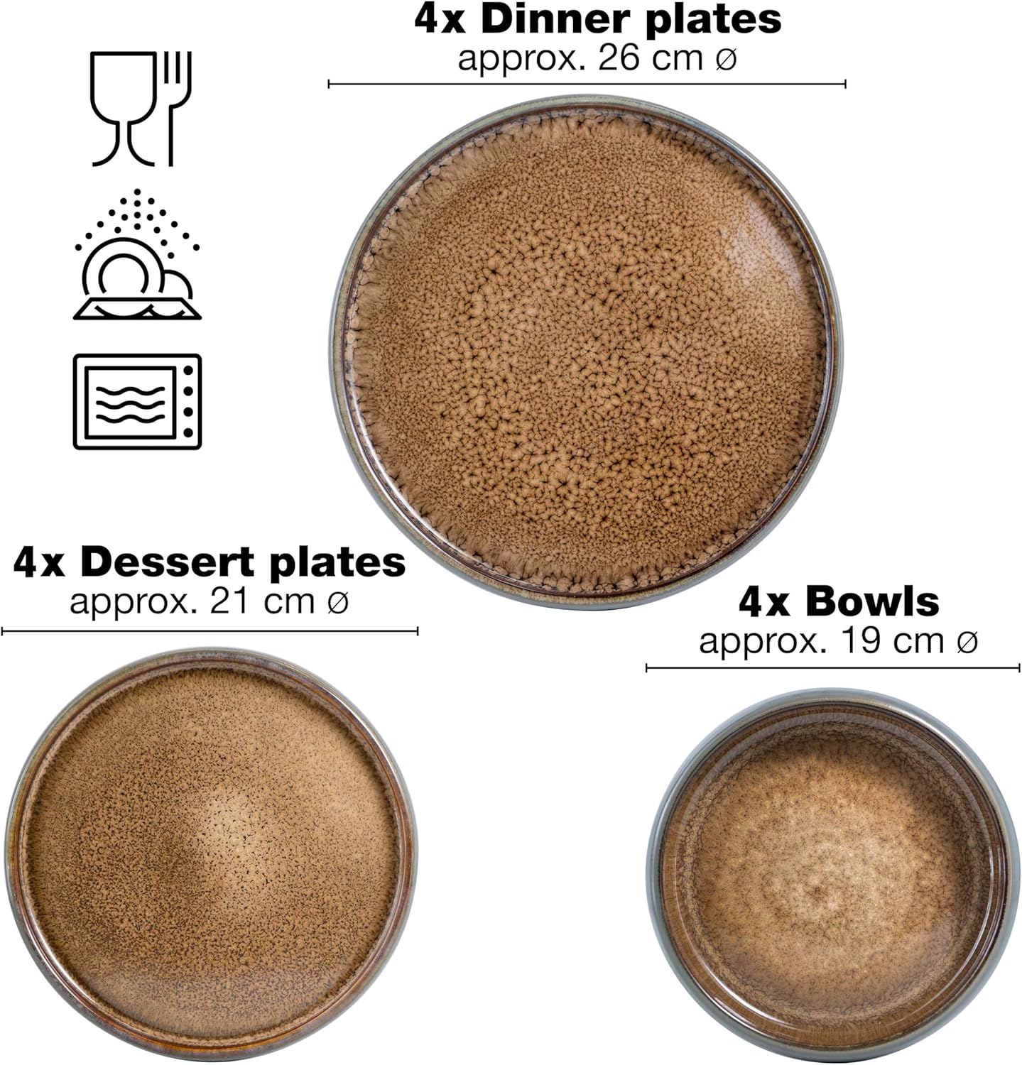 Solid 12-Piece Stoneware Dinnerware Set for 4 | Plate and Bowls Set with 4 Dinner Plates, Small Dessert Plates & Soup Bowls – Kitchen Dish Sets, Microwave & Dishwasher Safe, Brown
